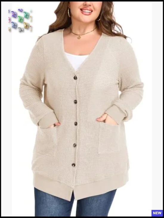 Oversized Waffle Knit Cardigan Long Sleeve Button Front Pockets Casual Chic - Picture 4 of 7